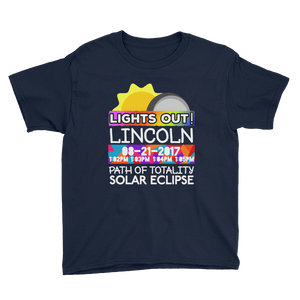Boys - Lincoln NE - Solar Eclipse Short Sleeve T-Shirt: "Lights Out!" PATH of TOTALITY 08-21-2017 w Actual Times