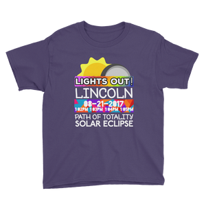 Boys - Lincoln NE - Solar Eclipse Short Sleeve T-Shirt: "Lights Out!" PATH of TOTALITY 08-21-2017 w Actual Times