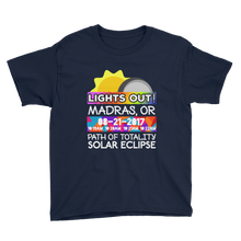 Boys - Madras OR - Solar Eclipse Short Sleeve T-Shirt: "Lights Out!" PATH of TOTALITY 08-21-2017 w Actual Times