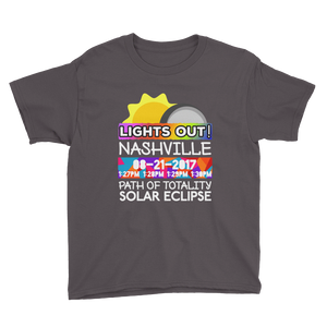 Boys - Nashville TN - Solar Eclipse Short Sleeve T-Shirt: "Lights Out!" PATH of TOTALITY 08-21-2017 w Actual Times