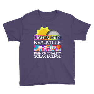 Boys - Nashville TN - Solar Eclipse Short Sleeve T-Shirt: "Lights Out!" PATH of TOTALITY 08-21-2017 w Actual Times