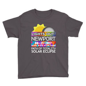 Boys - Newport OR - Solar Eclipse Short Sleeve T-Shirt: "Lights Out!" PATH of TOTALITY 08-21-2017 w Actual Times
