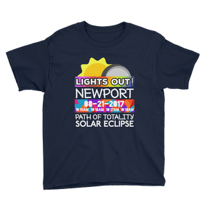 Boys - Newport OR - Solar Eclipse Short Sleeve T-Shirt: "Lights Out!" PATH of TOTALITY 08-21-2017 w Actual Times