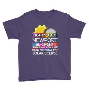 Boys - Newport OR - Solar Eclipse Short Sleeve T-Shirt: "Lights Out!" PATH of TOTALITY 08-21-2017 w Actual Times