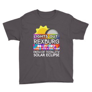 Boys - Rexburg ID - Solar Eclipse Short Sleeve T-Shirt: "Lights Out!" PATH of TOTALITY 08-21-2017 w Actual Times