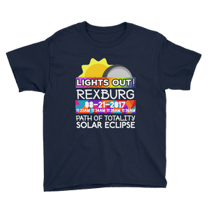 Boys - Rexburg ID - Solar Eclipse Short Sleeve T-Shirt: "Lights Out!" PATH of TOTALITY 08-21-2017 w Actual Times