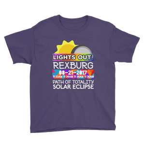 Boys - Rexburg ID - Solar Eclipse Short Sleeve T-Shirt: "Lights Out!" PATH of TOTALITY 08-21-2017 w Actual Times