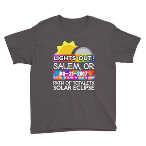 Boys - Salem OR - Solar Eclipse Short Sleeve T-Shirt: "Lights Out!" PATH of TOTALITY 08-21-2017 w Actual Times