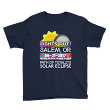 Boys - Salem OR - Solar Eclipse Short Sleeve T-Shirt: "Lights Out!" PATH of TOTALITY 08-21-2017 w Actual Times