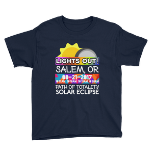 Boys - Salem OR - Solar Eclipse Short Sleeve T-Shirt: "Lights Out!" PATH of TOTALITY 08-21-2017 w Actual Times