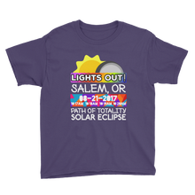 Boys - Salem OR - Solar Eclipse Short Sleeve T-Shirt: "Lights Out!" PATH of TOTALITY 08-21-2017 w Actual Times