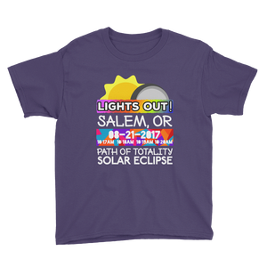 Boys - Salem OR - Solar Eclipse Short Sleeve T-Shirt: "Lights Out!" PATH of TOTALITY 08-21-2017 w Actual Times