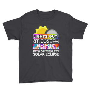 Boys - St. Joseph MO - Solar Eclipse Short Sleeve T-Shirt: "Lights Out!" PATH of TOTALITY 08-21-2017 w Actual Times
