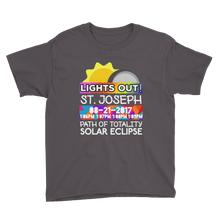 Boys - St. Joseph MO - Solar Eclipse Short Sleeve T-Shirt: "Lights Out!" PATH of TOTALITY 08-21-2017 w Actual Times