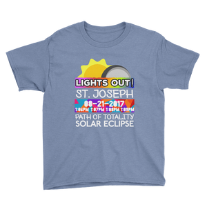 Boys - St. Joseph MO - Solar Eclipse Short Sleeve T-Shirt: "Lights Out!" PATH of TOTALITY 08-21-2017 w Actual Times