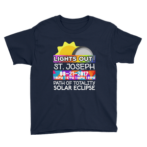 Boys - St. Joseph MO - Solar Eclipse Short Sleeve T-Shirt: "Lights Out!" PATH of TOTALITY 08-21-2017 w Actual Times