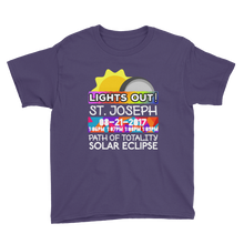 Boys - St. Joseph MO - Solar Eclipse Short Sleeve T-Shirt: "Lights Out!" PATH of TOTALITY 08-21-2017 w Actual Times