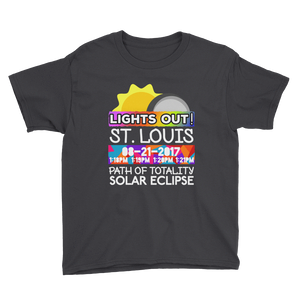 Boys - St. Louis MO - Solar Eclipse Short Sleeve T-Shirt: "Lights Out!" PATH of TOTALITY 08-21-2017 w Actual Times