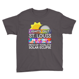 Boys - St. Louis MO - Solar Eclipse Short Sleeve T-Shirt: "Lights Out!" PATH of TOTALITY 08-21-2017 w Actual Times