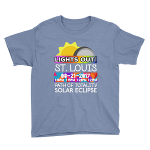 Boys - St. Louis MO - Solar Eclipse Short Sleeve T-Shirt: "Lights Out!" PATH of TOTALITY 08-21-2017 w Actual Times