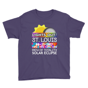 Boys - St. Louis MO - Solar Eclipse Short Sleeve T-Shirt: "Lights Out!" PATH of TOTALITY 08-21-2017 w Actual Times