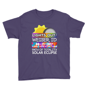 Boys - Weiser ID - Solar Eclipse Short Sleeve T-Shirt: "Lights Out!" PATH of TOTALITY 08-21-2017 w Actual Times