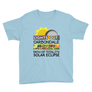 Boys - Carbondale IL - Solar Eclipse Short Sleeve T-Shirt: "Lights Out!" PATH of TOTALITY 08-21-2017 w Actual Times