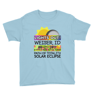 Boys - Weiser ID - Solar Eclipse Short Sleeve T-Shirt: "Lights Out!" PATH of TOTALITY 08-21-2017 w Actual Times