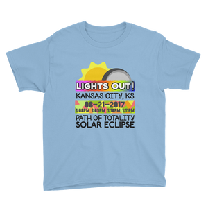 Boys - Kansas City KS - Solar Eclipse Short Sleeve T-Shirt: "Lights Out!" PATH of TOTALITY 08-21-2017 w Actual Times