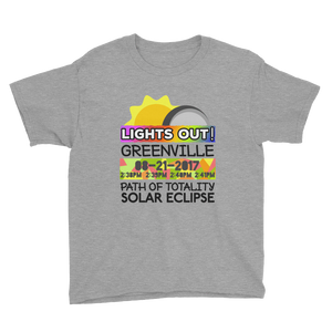 Boys - Greenville SC - Solar Eclipse Short Sleeve T-Shirt: "Lights Out!" PATH of TOTALITY 08-21-2017 w Actual Times