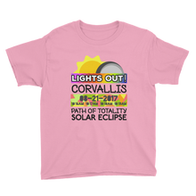 Boys - Corvallis OR - Solar Eclipse Short Sleeve T-Shirt: "Lights Out!" PATH of TOTALITY 08-21-2017 w Actual Times