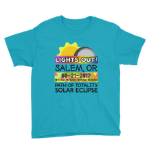 Boys - Salem OR - Solar Eclipse Short Sleeve T-Shirt: "Lights Out!" PATH of TOTALITY 08-21-2017 w Actual Times