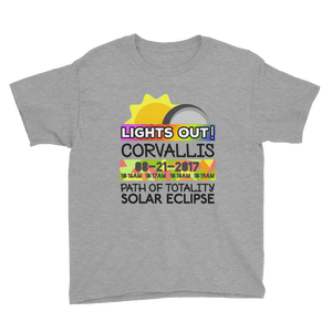 Boys - Corvallis OR - Solar Eclipse Short Sleeve T-Shirt: "Lights Out!" PATH of TOTALITY 08-21-2017 w Actual Times