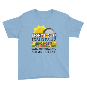 Boys - Idaho Falls ID - Solar Eclipse Short Sleeve T-Shirt: "Lights Out!" PATH of TOTALITY 08-21-2017 w Actual Times