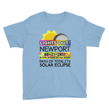 Boys - Newport OR - Solar Eclipse Short Sleeve T-Shirt: "Lights Out!" PATH of TOTALITY 08-21-2017 w Actual Times