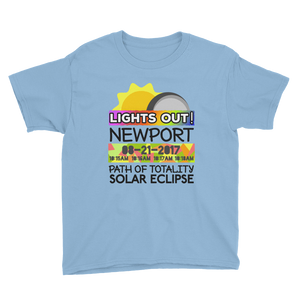 Boys - Newport OR - Solar Eclipse Short Sleeve T-Shirt: "Lights Out!" PATH of TOTALITY 08-21-2017 w Actual Times