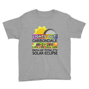 Boys - Carbondale IL - Solar Eclipse Short Sleeve T-Shirt: "Lights Out!" PATH of TOTALITY 08-21-2017 w Actual Times