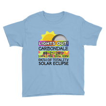 Boys - Carbondale IL - Solar Eclipse Short Sleeve T-Shirt: "Lights Out!" PATH of TOTALITY 08-21-2017 w Actual Times