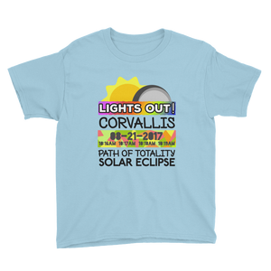 Boys - Corvallis OR - Solar Eclipse Short Sleeve T-Shirt: "Lights Out!" PATH of TOTALITY 08-21-2017 w Actual Times