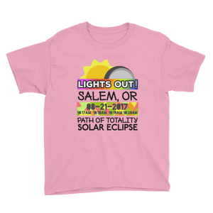 Boys - Salem OR - Solar Eclipse Short Sleeve T-Shirt: "Lights Out!" PATH of TOTALITY 08-21-2017 w Actual Times