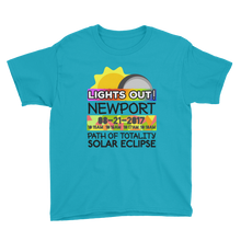 Boys - Newport OR - Solar Eclipse Short Sleeve T-Shirt: "Lights Out!" PATH of TOTALITY 08-21-2017 w Actual Times