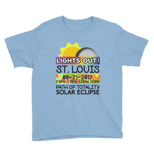 Boys - St. Louis MO - Solar Eclipse Short Sleeve T-Shirt: "Lights Out!" PATH of TOTALITY 08-21-2017 w Actual Times