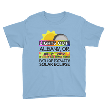 Boys - Albany OR- Solar Eclipse Short Sleeve T-Shirt: "Lights Out!" PATH of TOTALITY 08-21-2017 w Actual Times