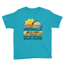 Boys - Greenville SC - Solar Eclipse Short Sleeve T-Shirt: "Lights Out!" PATH of TOTALITY 08-21-2017 w Actual Times