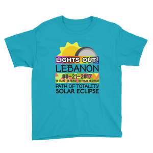 Boys - Lebanon OR - Solar Eclipse Short Sleeve T-Shirt: "Lights Out!" PATH of TOTALITY 08-21-2017 w Actual Times