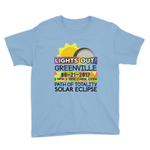 Boys - Greenville SC - Solar Eclipse Short Sleeve T-Shirt: "Lights Out!" PATH of TOTALITY 08-21-2017 w Actual Times