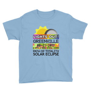 Boys - Greenville SC - Solar Eclipse Short Sleeve T-Shirt: "Lights Out!" PATH of TOTALITY 08-21-2017 w Actual Times