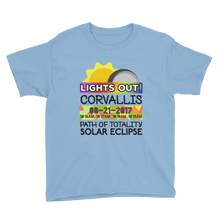 Boys - Corvallis OR - Solar Eclipse Short Sleeve T-Shirt: "Lights Out!" PATH of TOTALITY 08-21-2017 w Actual Times