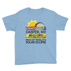 Boys - Casper WY - Solar Eclipse Short Sleeve T-Shirt: "Lights Out!" PATH of TOTALITY 08-21-2017 w Actual Times