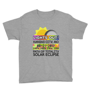 Boys - Kansas City MO - Solar Eclipse Short Sleeve T-Shirt: "Lights Out!" PATH of TOTALITY 08-21-2017 w Actual Times